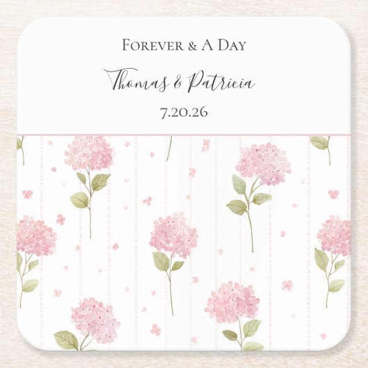 可愛らしいピンクのアジサイの花の結婚式 スクエアペーパーコースター (正面)