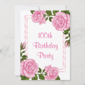 可愛らしいピンクのコーナーブーケ 100歳の誕生日 招待状 (正面)