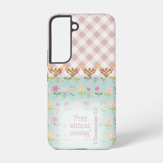 可愛らしいピンクのチェック柄とパステルカラーの花と金の鳩の信仰 SAMSUNG GALAXY S22ケース