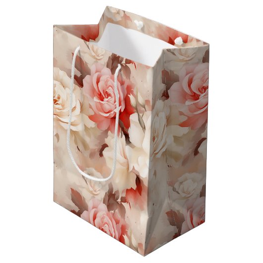 可愛らしいピンクのチーククリームローズ フローラル ブライダルシャワー ミディアムペーパーバッグ (正面アングル)