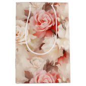 可愛らしいピンクのチーククリームローズ フローラル ブライダルシャワー ミディアムペーパーバッグ (正面)