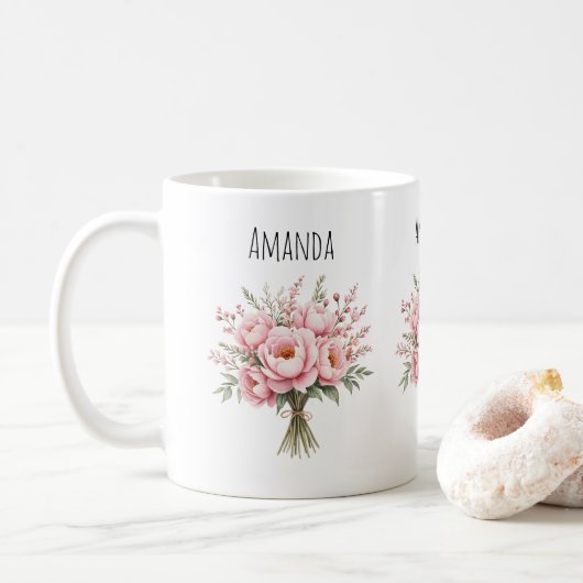 可愛らしいピンクの芍薬の花束 コーヒーマグカップ (ドーナツ)
