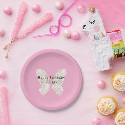 可愛らしいピンクの蝶々の羽の誕生日 ペーパープレート (パーティー)