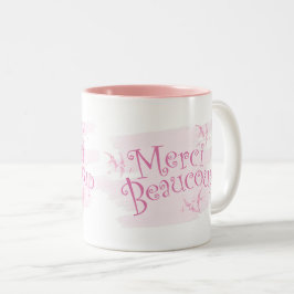 可愛らしいピンクの"Merci Beaucoup"サンクスマグ ツートーンマグカップ