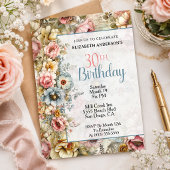 可愛らしいフラワーコラージュの30歳の誕生日 招待状
