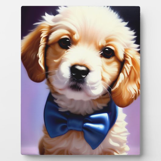 可愛らしいフワフワの子犬wかわいいブルーボウタイポートレート フォトプラーク (正面)