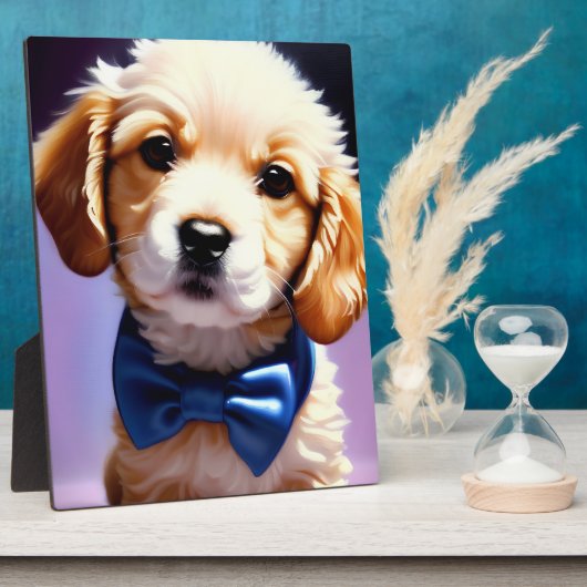 可愛らしいフワフワの子犬wかわいいブルーボウタイポートレート フォトプラーク (側面)