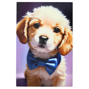 可愛らしいフワフワの子犬wかわいいブルーボウタイポートレート メタルプリント