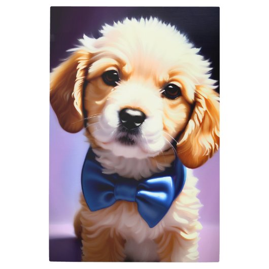 可愛らしいフワフワの子犬wかわいいブルーボウタイポートレート メタルプリント (正面)