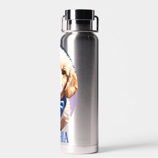 可愛らしいフワフワの子犬w可愛いブルーボウタイ ウォーターボトル (背面)