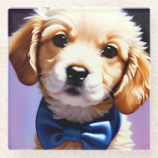 可愛らしいフワフワの子犬w可愛いブルーボウタイ ガラスコースター (正面)