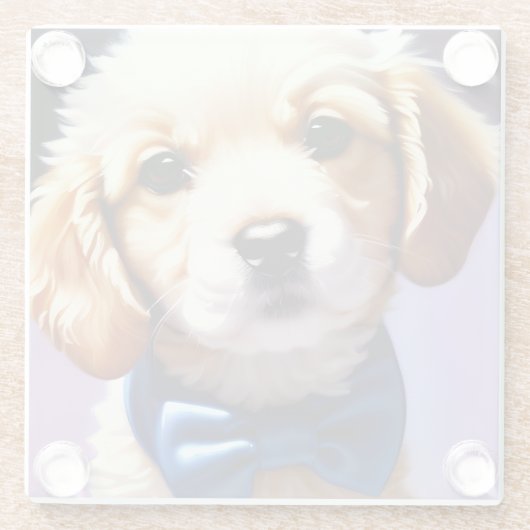 可愛らしいフワフワの子犬w可愛いブルーボウタイ ガラスコースター (裏面)