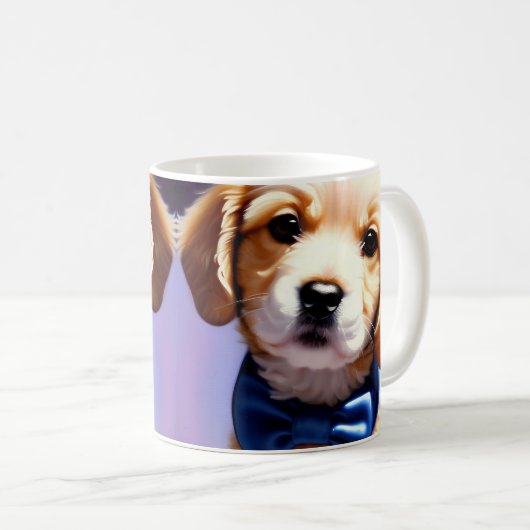 可愛らしいフワフワの子犬w可愛いブルーボウタイ コーヒーマグカップ (正面右)