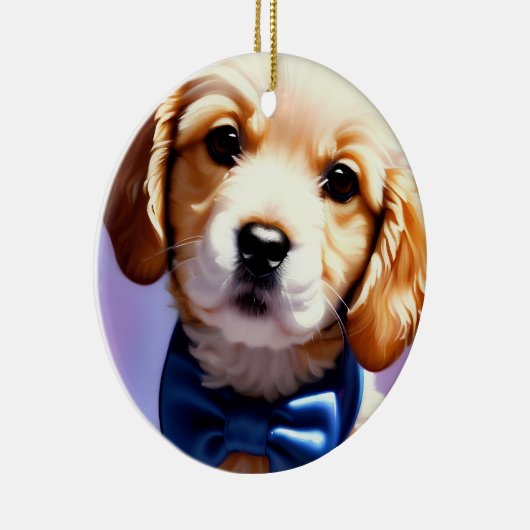 可愛らしいフワフワの子犬w可愛いブルーボウタイ セラミックオーナメント (右)