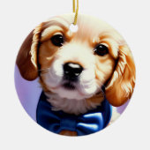 可愛らしいフワフワの子犬w可愛いブルーボウタイ セラミックオーナメント (正面)