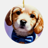 可愛らしいフワフワの子犬w可愛いブルーボウタイ セラミックオーナメント (裏面)
