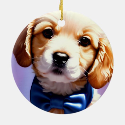 可愛らしいフワフワの子犬w可愛いブルーボウタイ セラミックオーナメント (裏面)