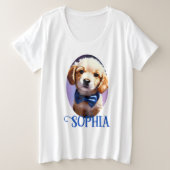 可愛らしいフワフワの子犬w可愛いブルーボウタイ プラスサイズTシャツ (デザイン正面)