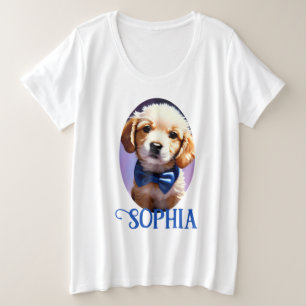 可愛らしいフワフワの子犬w可愛いブルーボウタイ プラスサイズTシャツ