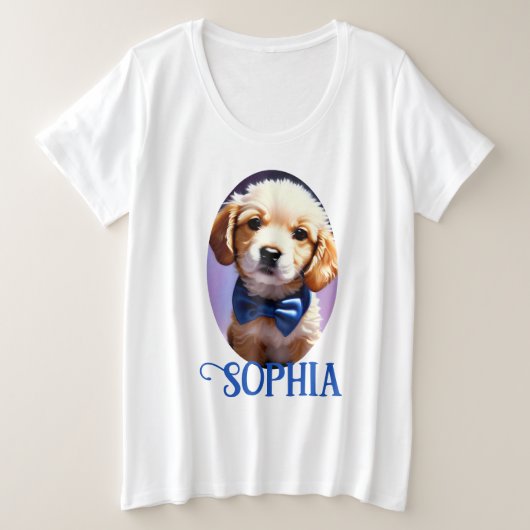 可愛らしいフワフワの子犬w可愛いブルーボウタイ プラスサイズTシャツ (デザイン正面)