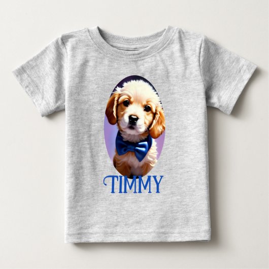 可愛らしいフワフワの子犬w可愛いブルーボウタイ ベビーTシャツ (正面)