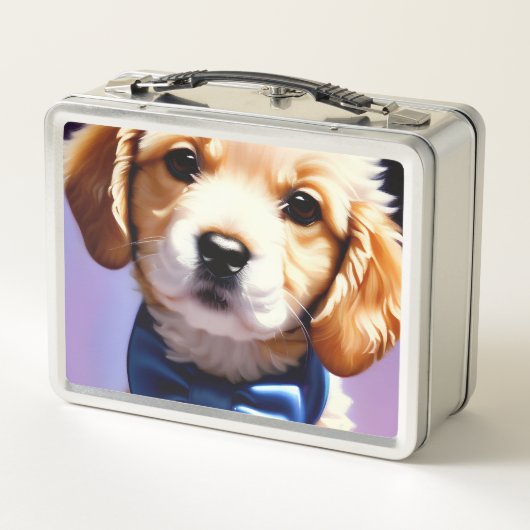 可愛らしいフワフワの子犬w可愛いブルーボウタイ メタルランチボックス (裏面)