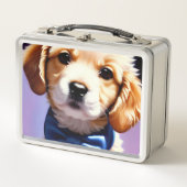 可愛らしいフワフワの子犬w可愛いブルーボウタイ メタルランチボックス (正面)