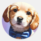 可愛らしいフワフワの子犬w可愛いブルーボウタイ ラウンドシール (正面)