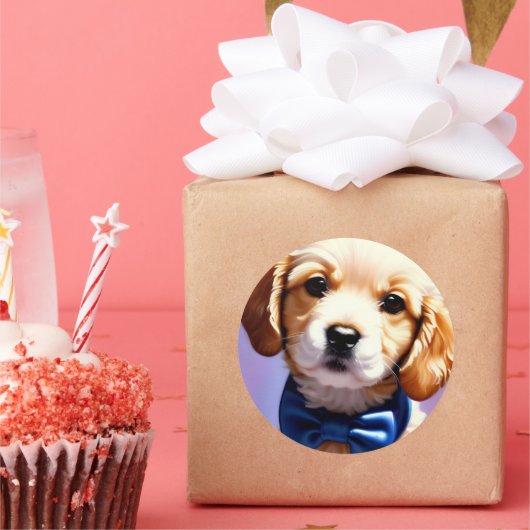 可愛らしいフワフワの子犬w可愛いブルーボウタイ ラウンドシール (パーティー)