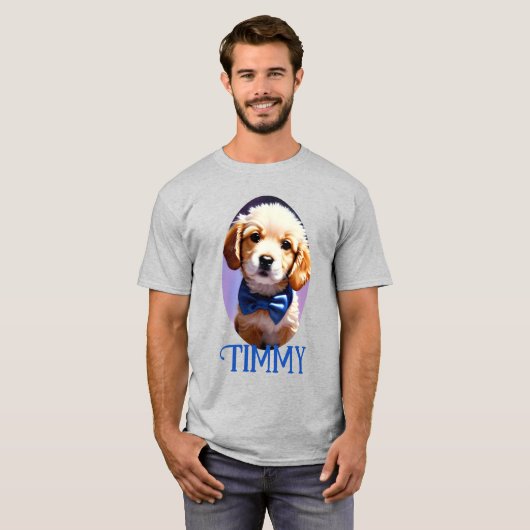 可愛らしいフワフワの子犬w可愛いブルーボウタイ tシャツ (正面フル)