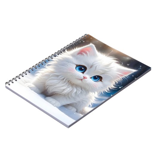 可愛らしいフワフワ白ネコ青い目ピンクの頬 ノートブック (左側)