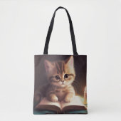 可愛らしいフワフワ読の子猫の本 トートバッグ (正面)