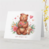 可愛らしいママのクマに赤ちゃん カード (黄色い花)