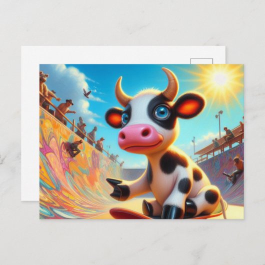 可愛らしいミニブラック&ホワイトカウスケートボード ポストカード (正面/裏面)