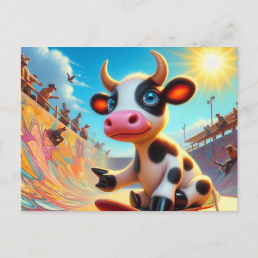 可愛らしいミニブラック&ホワイトカウスケートボード ポストカード (正面)