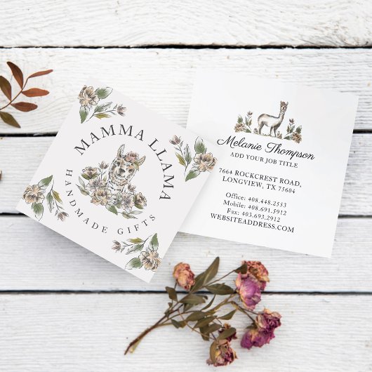 可愛らしいラマ水彩画フローラ スクエア名刺