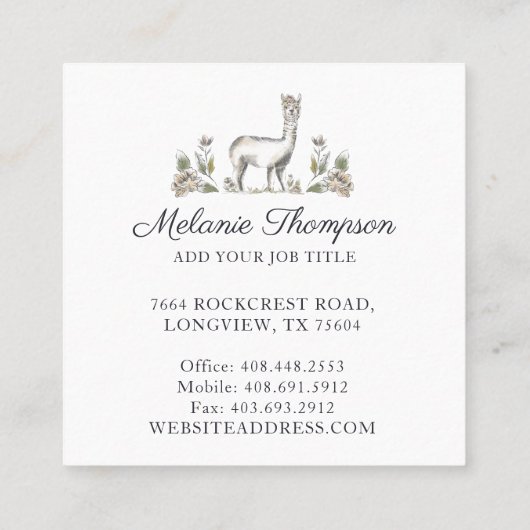 可愛らしいラマ水彩画フローラ スクエア名刺 (裏面)