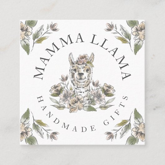 可愛らしいラマ水彩画フローラ スクエア名刺 (正面)