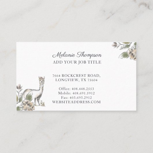 可愛らしいラマ水彩画フローラ 名刺 (裏面)