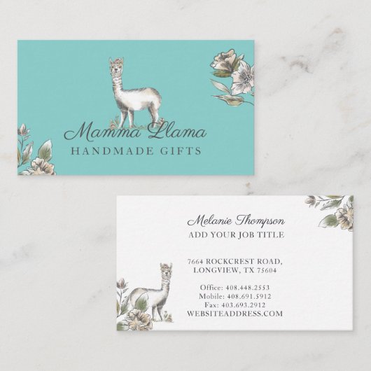 可愛らしいラマ水彩画フローラ 名刺 (正面/裏面)