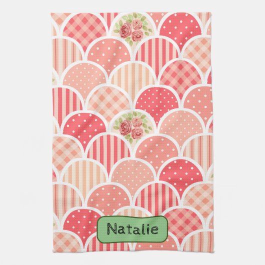 可愛らしいレトロな模様(ピンクモノグラムのl) キッチンタオル (縦)