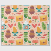 可愛らしいレトロ秋パターン水彩可愛いピンク ラッピングペーパー (フラット)