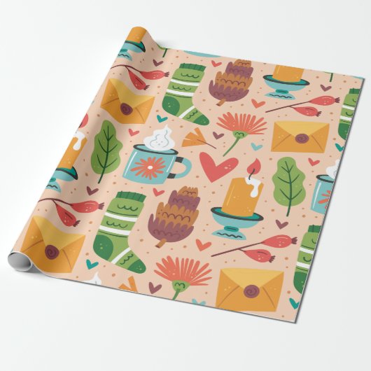 可愛らしいレトロ秋パターン水彩可愛いピンク ラッピングペーパー (アンロールド)