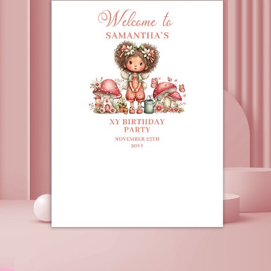 可愛らしい妖精のピンクの花の誕生日背景 タペストリー