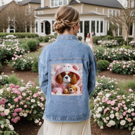 可愛らしい子犬のピンクフード付きスウェットシャツとテディベア デニムジャケット (ウェディング裏面)