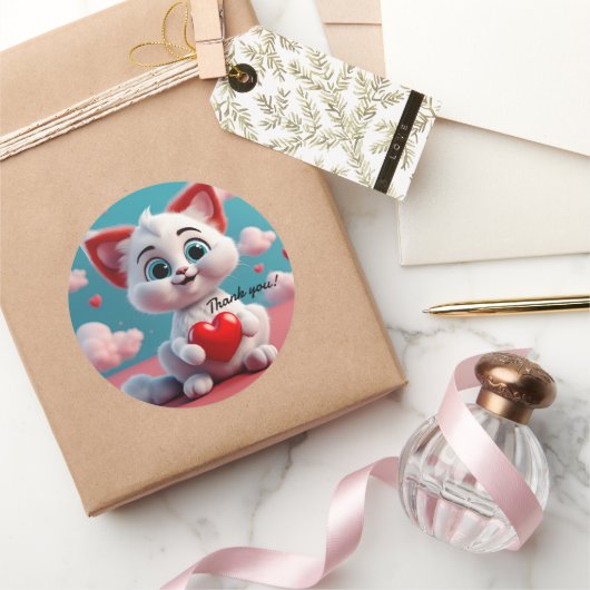 可愛らしい子猫赤いハートありがとうステッカー ラウンドシール (ギフト)