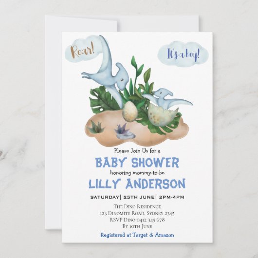 可愛らしい小さな恐竜パーティー!轟音!赤ちゃんシャワー 招待状 (正面)
