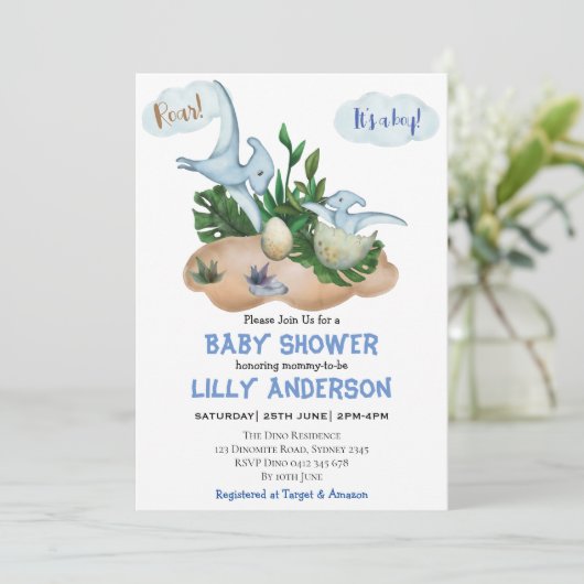 可愛らしい小さな恐竜パーティー!轟音！赤ちゃんシャワー 招待状 (スタンド正面)