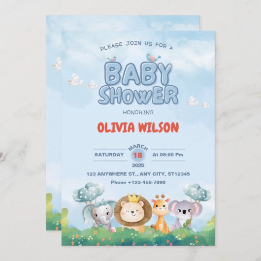 可愛らしい小さな足の指&ジャングルサファリベイビーシャワー 招待状 (正面/裏面)