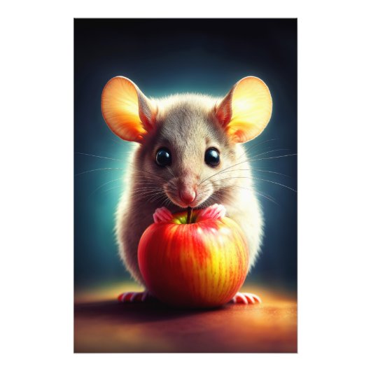 可愛らしい小さな齧歯動物が赤いリンゴを閉じて保持 フォトプリント            (正面)